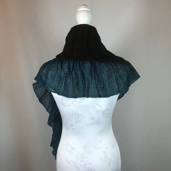 Teal & Black Ruffled Knit Artistic Scarf — Statement Layering Piece - Picture 6 of 13